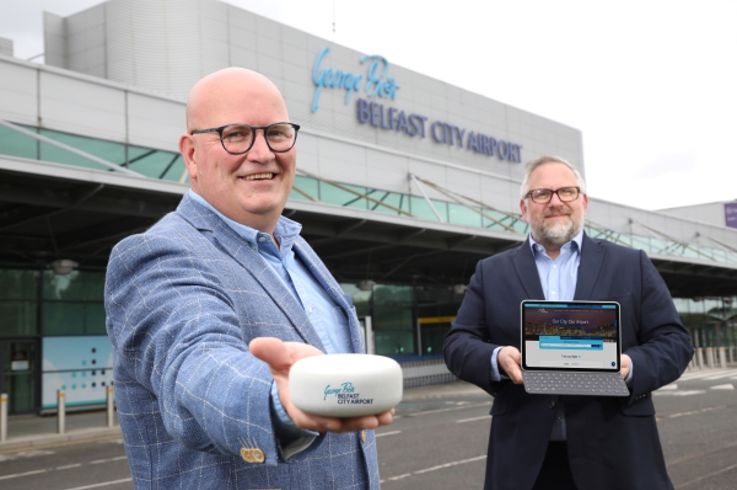 Dave Vincent, Chief Digital Officer at Tourism NI (Left)Director of Information Technology at Belfast City Airport, Brian Roche (Right) standing outside Belfast City Airport.