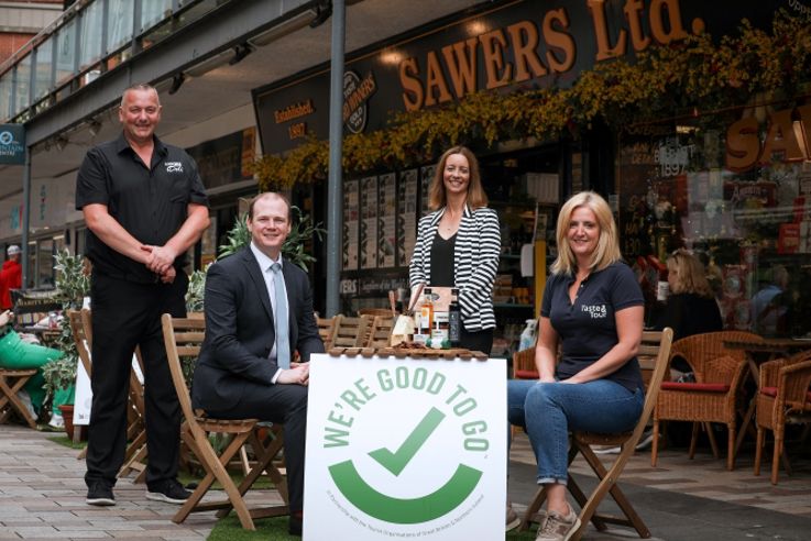  Sawers. Pictured Left to right: Kieran Sloan, owner Sawers, Economy Minister Gordon Lyons, Cathy McCormick, Tourism NI and Caroline Wilson Founder Taste and Tour