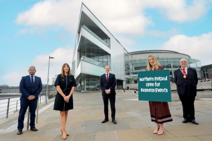 ICC Belfast. Pictured L to R, Odhran Dunne, CEO Visit Derry, Rachael McGuickin, Visit Belfast’s Director of Business Development, Economy Minister Gordon Lyons, Eimear Callaghan, Tourism NI’s Business Solutions Manager and Deputy Lord Mayor, Alderman Tom Haire, Belfast City Council.